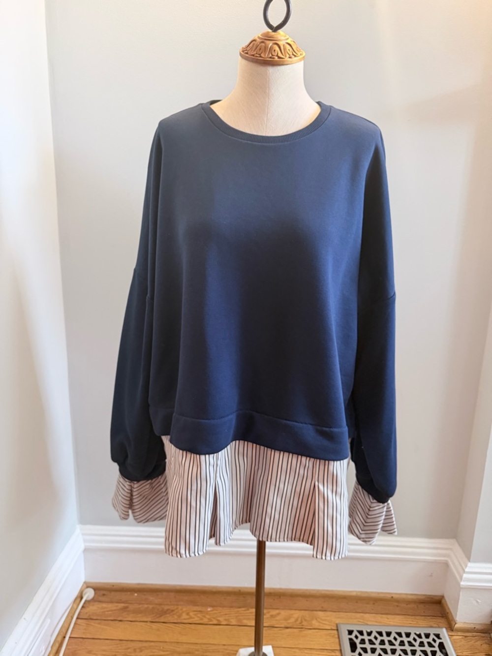 Maeve Navy Layered-Look Sweatshirt with Striped Hem